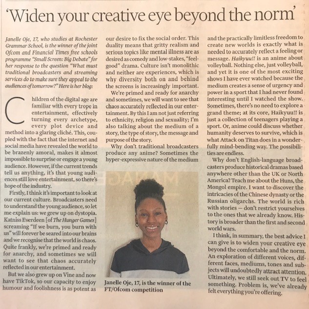 Financial Times article featuring our Small Screen: Big Debate competition winner Janelle Oje